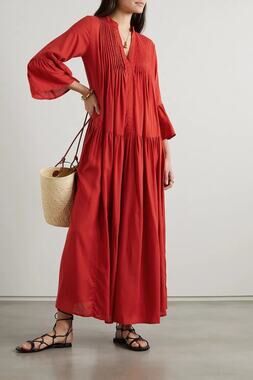 EVARAE Livy Red Pintuck Tiered Relaxed Maxi Dress Women's S Boho Luxe Resort